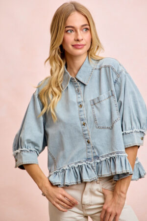 Washed Ruffled Hem Button Up Shirt Denim