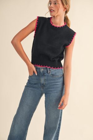 Blanket Stitch Pointelle Sweater Vest Black/Pink