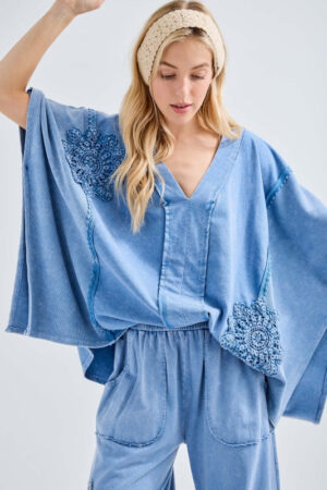 Mineral Washed Doily Boho Pancho Top Navy