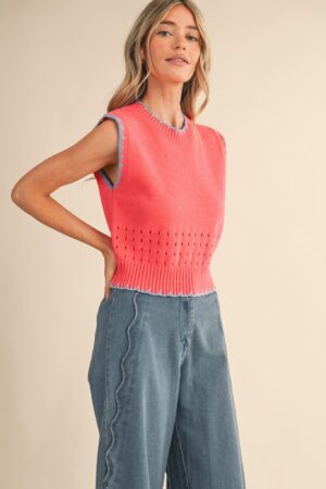 Blanket Stitch Pointelle Sweater Vest Coral/Blue
