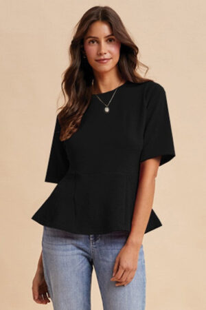 Texture Knit Peplum Design Top Black