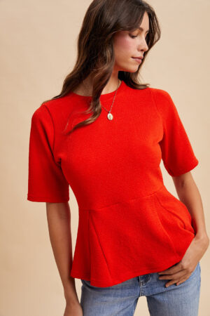 Texture Knit Peplum Design Top Red