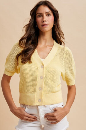 Button Down Open Stitch Knitted Cardigan Banana