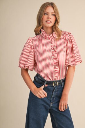 Striped Ruffled Button Down Top Berry Red