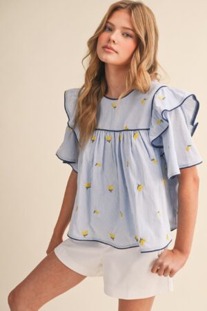Lemon Embroidery Top Sky Blue