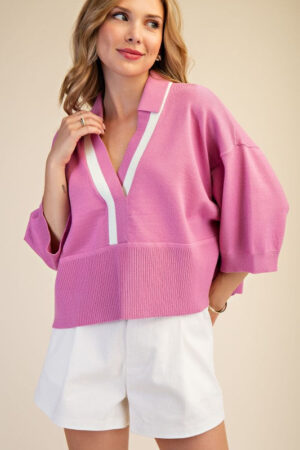 Contrast Trim Dropped Shoulder Sweater Pink