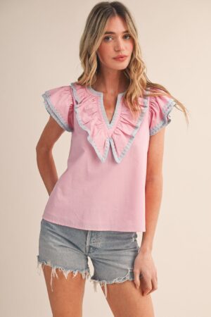 Contrast Blanket Triangle Stitch Ruffled Top Pink
