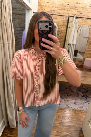 Striped Short Sleeve Button Detail Top Red