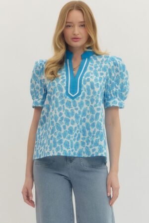 Leopard Print Puff Sleeve Top Sky Blue
