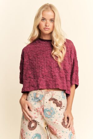 Boxy Floral Lace Knit Top Burgundy